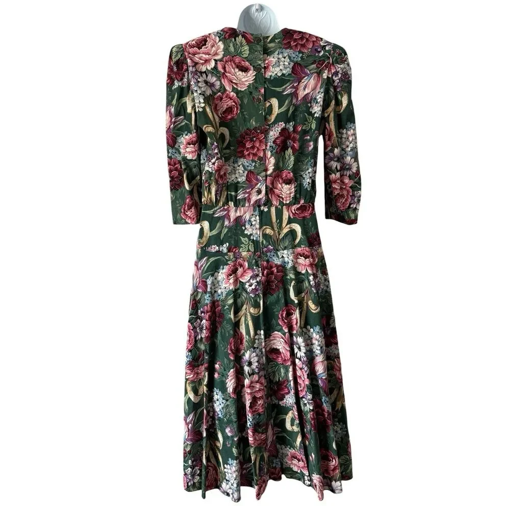 VTG 80s LISA II Floral Prairie Dress Lace Yoke Cottagecore Midi Green Pink S/M